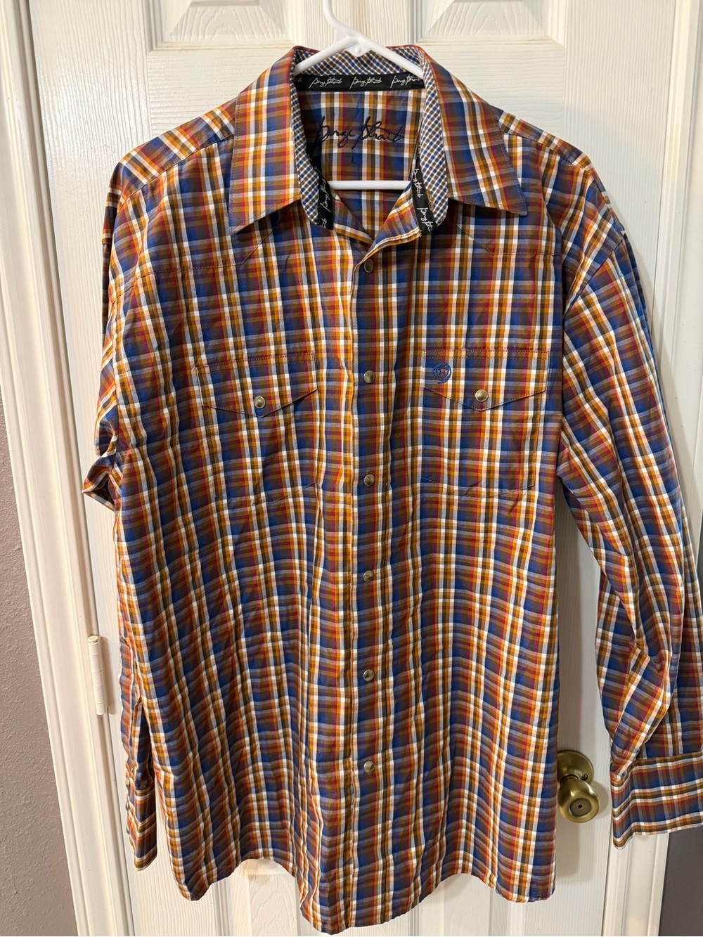 Wrangler George Strait Plaid Pearl Snap Button-Down Orange and Blue Shirt Size L